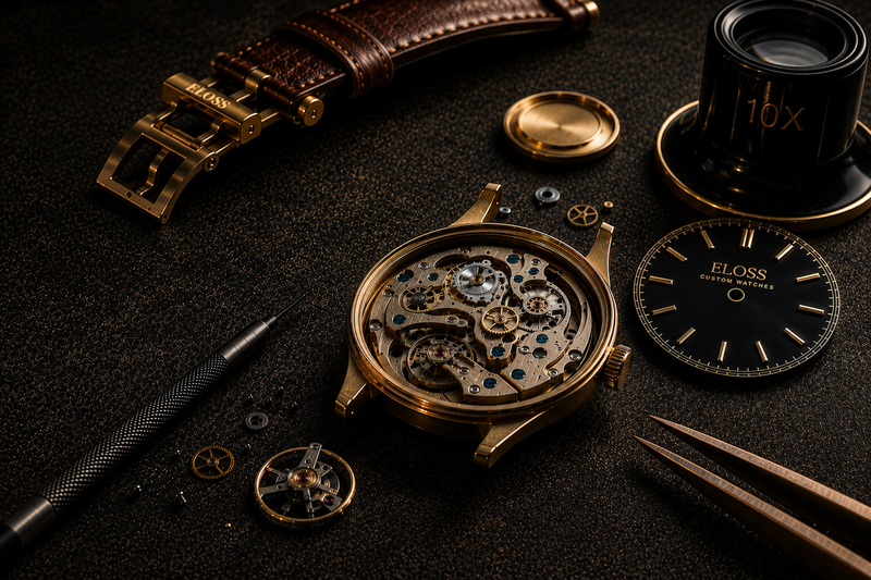 Eloss Custom Watch watchmaking bench with movement, dial and tools