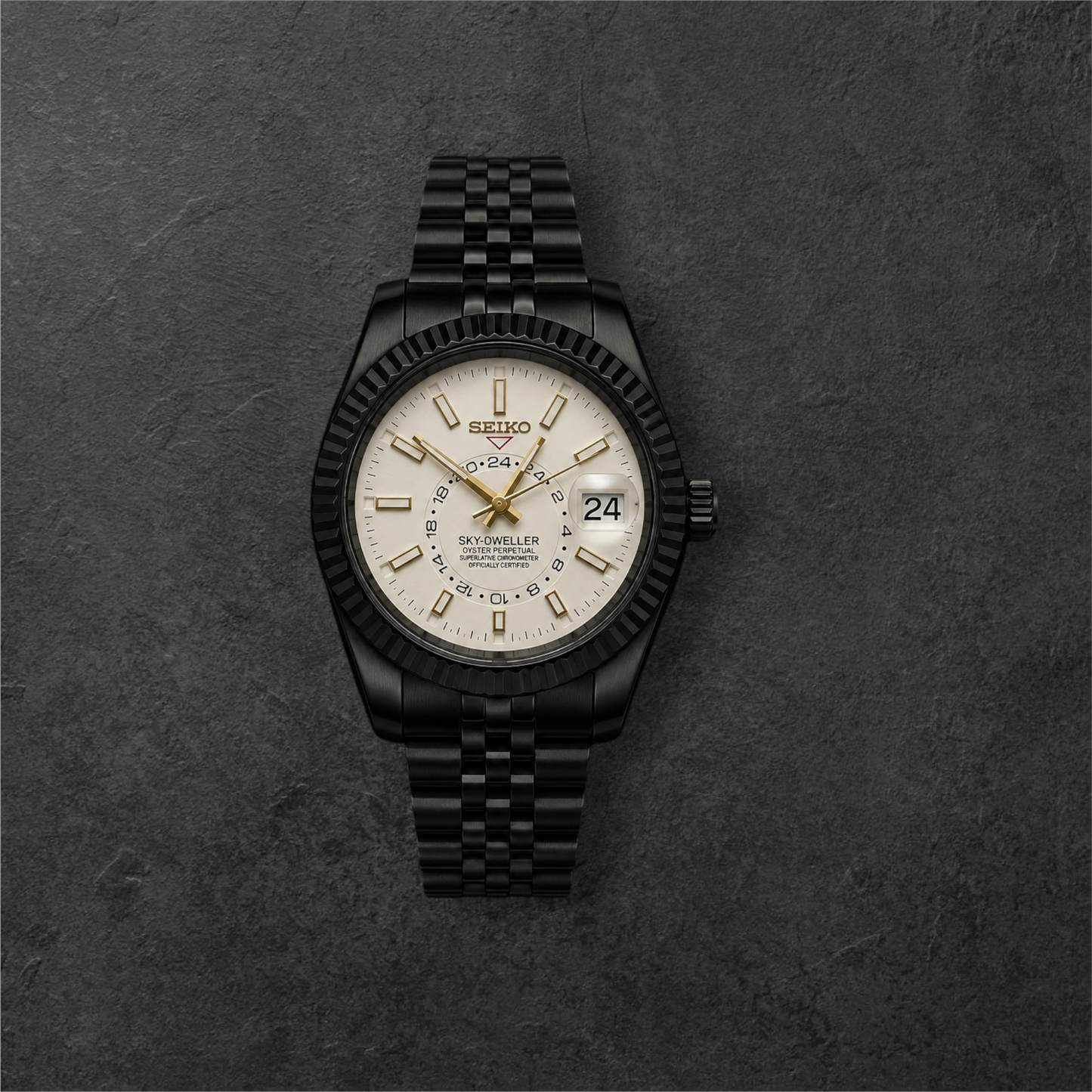 S SKY-DWELLER BLACK & BEIGE – crno kućište, bež brojčanik sa zlatnim indeksima i crna narukvica