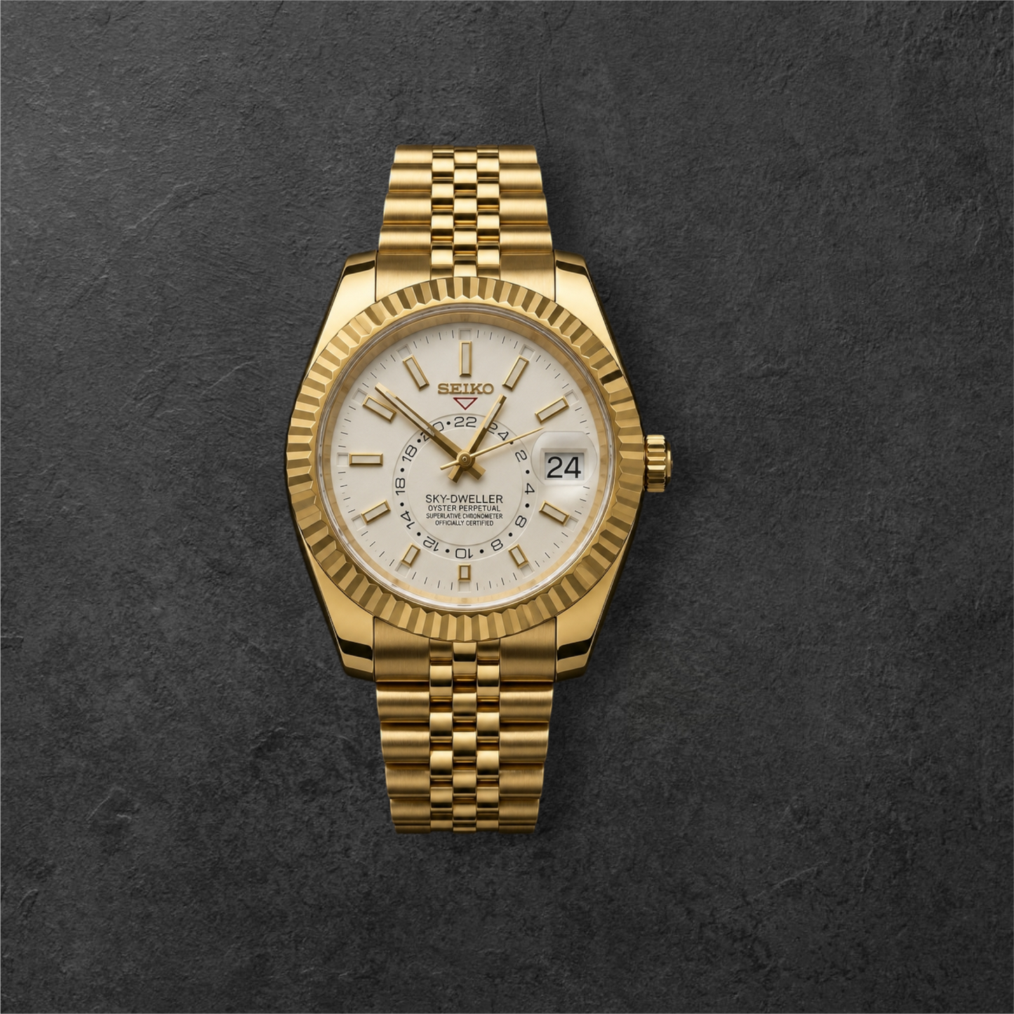 S SKY-DWELLER GOLD & BEIGE – zlatno kućište, bež brojčanik i zlatna narukvica
