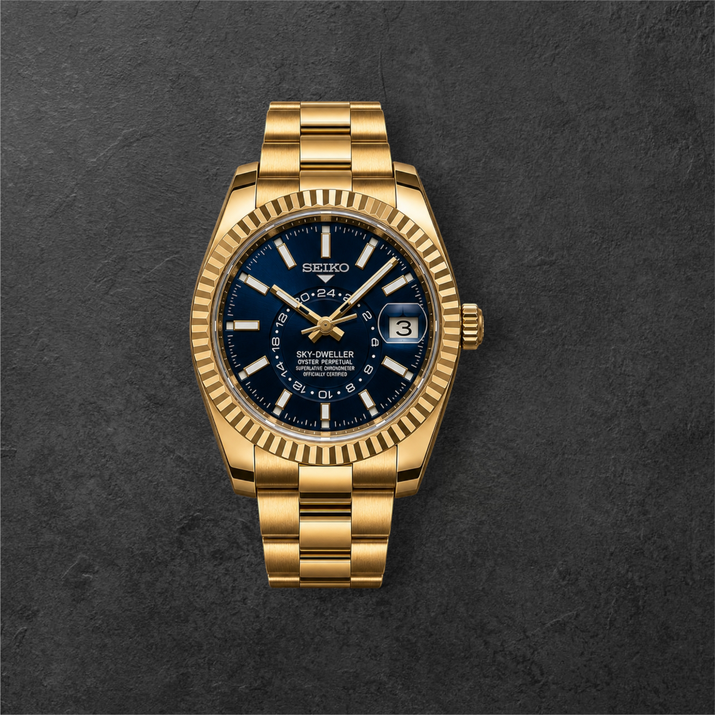 S SKY-DWELLER GOLD & ROYAL BLUE OYSTER – zlatno kućište, kraljevsko plavi brojčanik i narukvica s tri reda karika