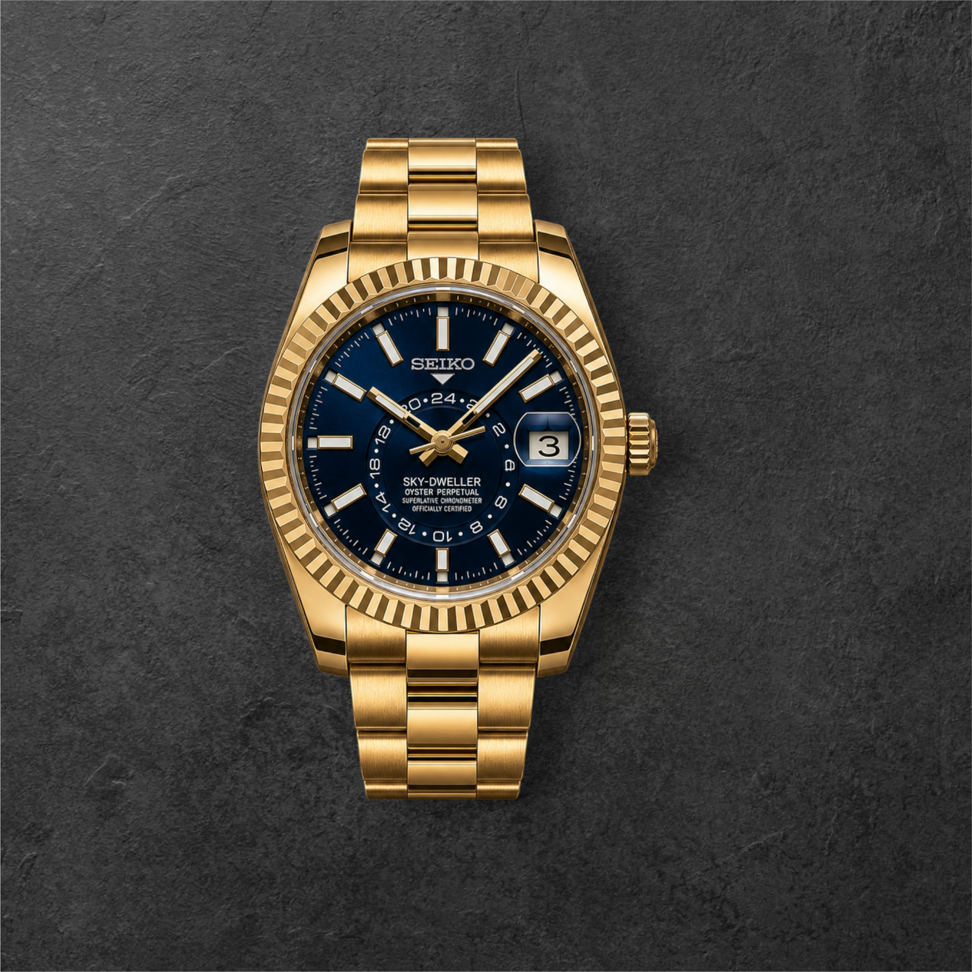 S SKY-DWELLER GOLD & ROYAL BLUE OYSTER – zlatno kućište, kraljevsko plavi brojčanik i narukvica s tri reda karika