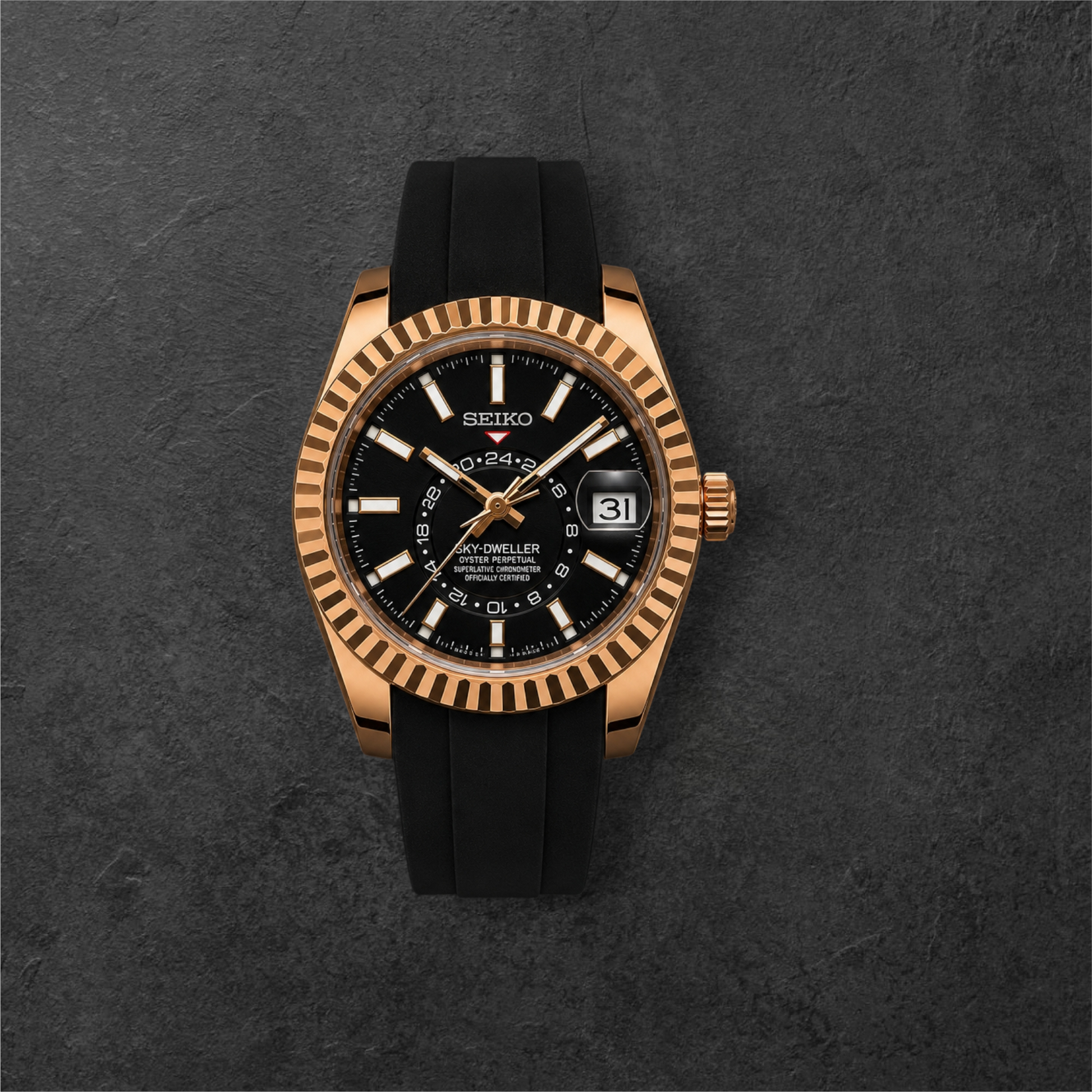 S SKY-DWELLER ROSE GOLD & BLACK RUBBER – kućište u boji rozog zlata, crni brojčanik i crna gumena narukvica